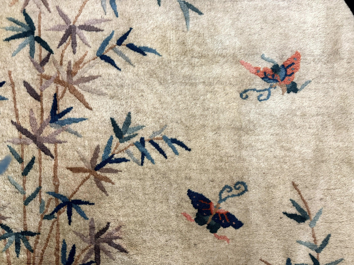 Antique Chinese Oval Rug 3.9 x 6.7, Floral, Butterflies, Chinese Wool Art Deco Peking Carpet, Beige, Handmade - Jewel Rugs, view 7