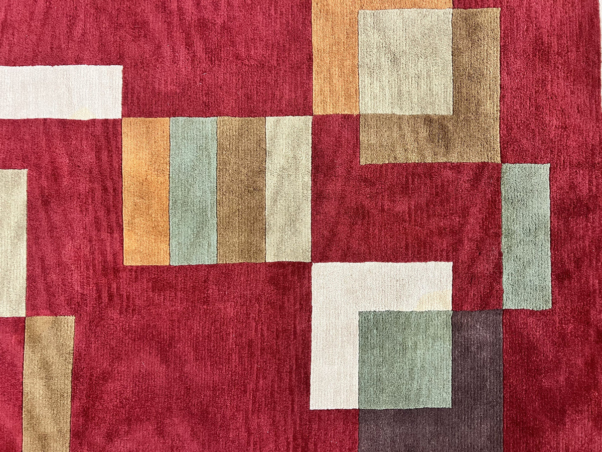 Indo Tibetan Modern Rug 5x8, Abstract Rug 5 x 8 ft, Red Multicolor Wool Handmade Contemporary Area Rug - Jewel Rugs, view 5