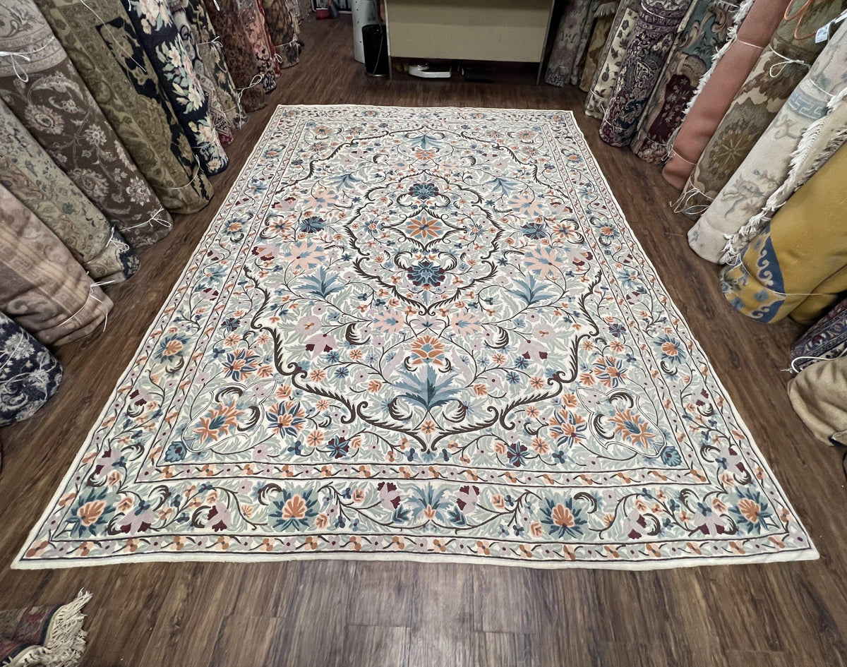 Chain Stitched Rug 9x12 Vintage Carpet 9 x 12 Flatweave Rug, Ivory Teal Rug, Area Rug 9 by 12, Hand Stitched Rug, Medallion, Indian Rug - Jewel Rugs, view 13