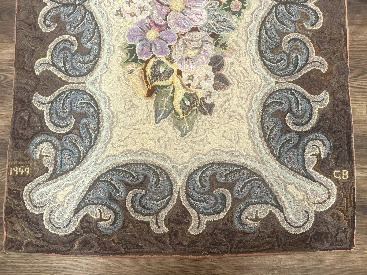 Antique American Hooked Rug 3 x 4.6, Vintage, Floral - Jewel Rugs, view 6