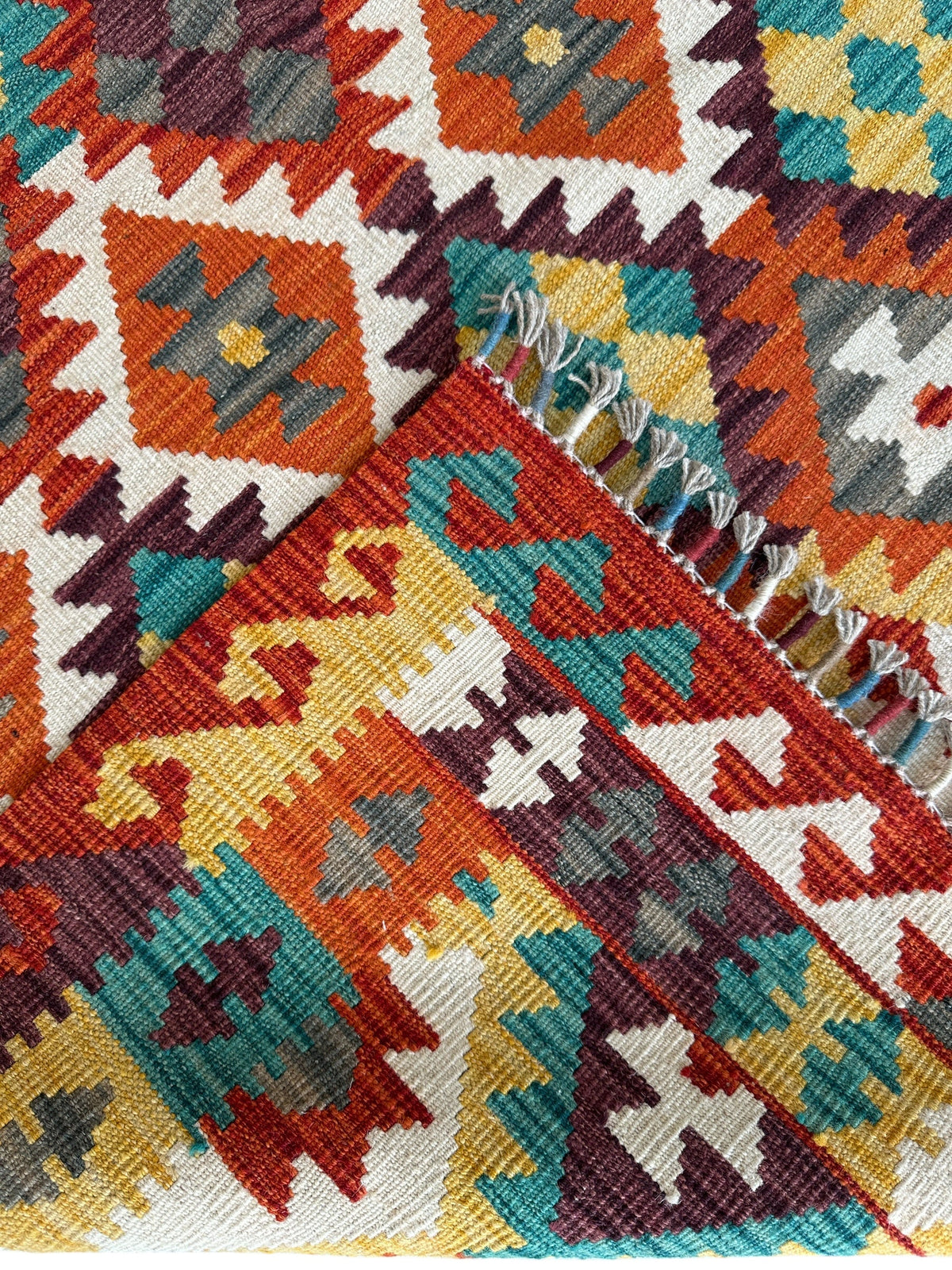 Afghan Kilim Rug 4x7 | Rust, Ivory & Teal | Hand-Woven Wool Flatweave - Rugistan, view 4