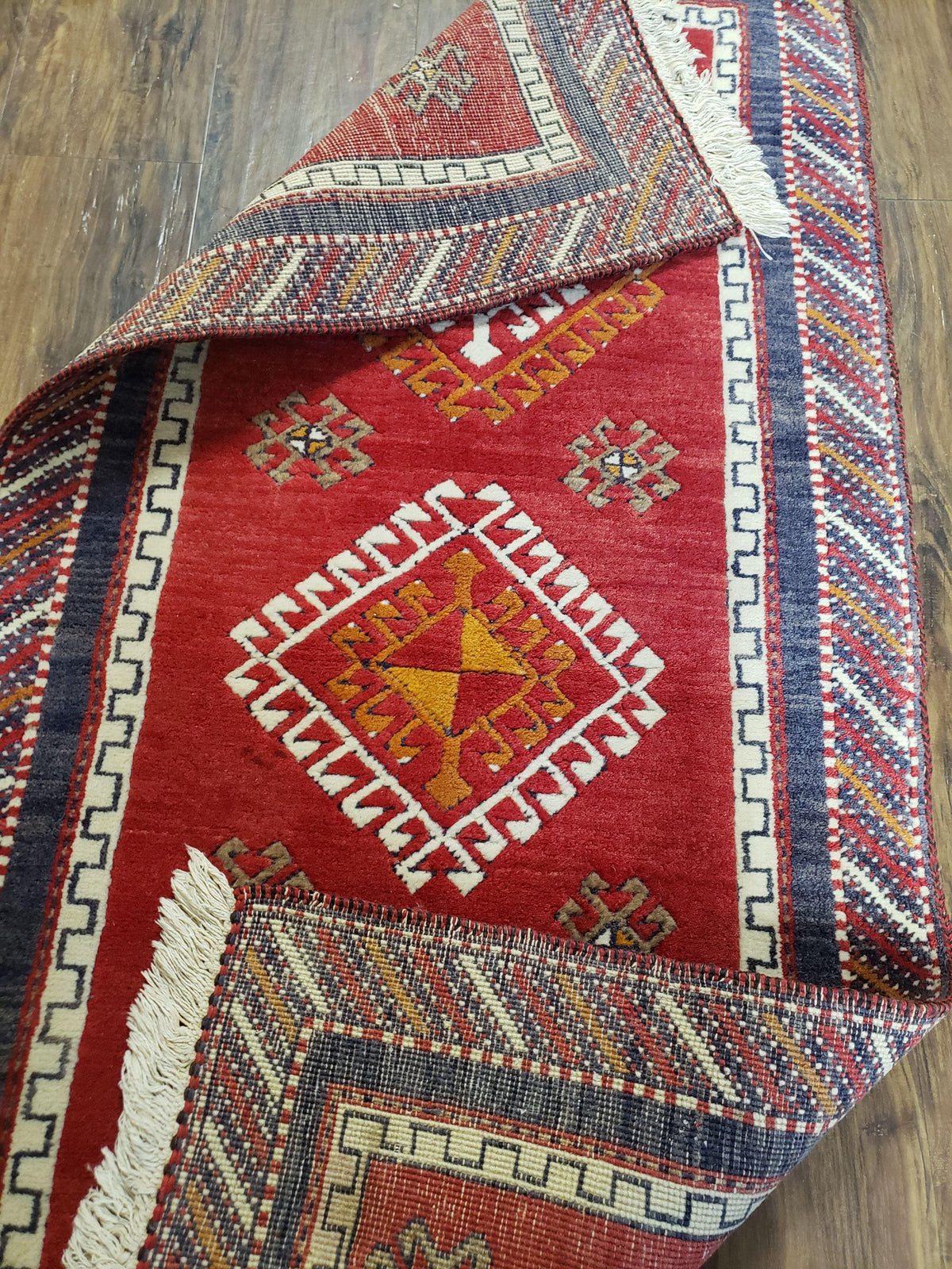 Vintage Turkish Kazak Rug 2.5 x 5 Red Wool Carpet Medallions Runner Geometric - Jewel Rugs, view 12