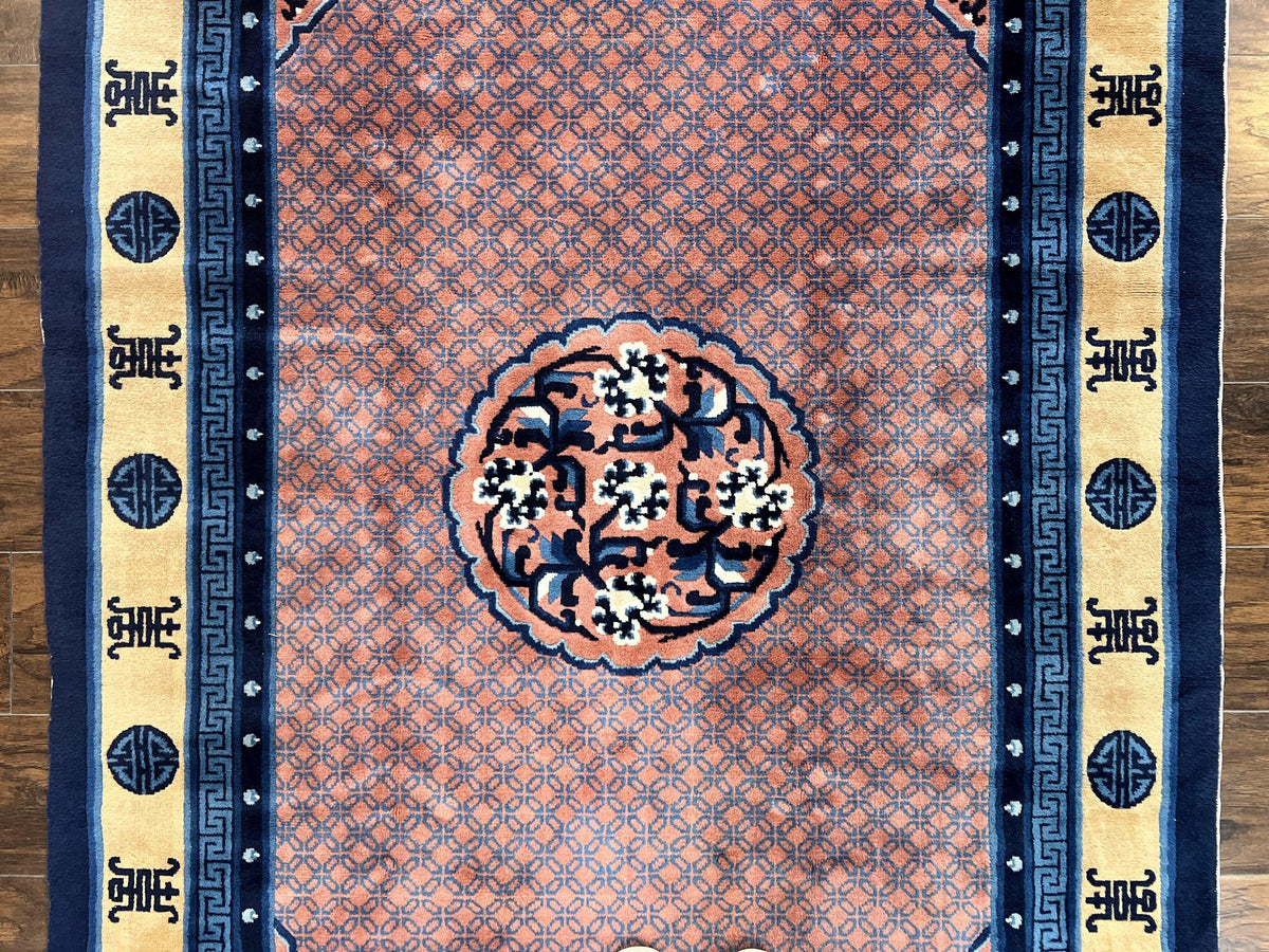 Chinese Peking Rug 5x8, Vintage Semi Antique Chinese Art Deco Carpet, Wool Pile Light Red/Salmon Gold Navy Blue, Handmade Asian Oriental Rug - Jewel Rugs, view 5