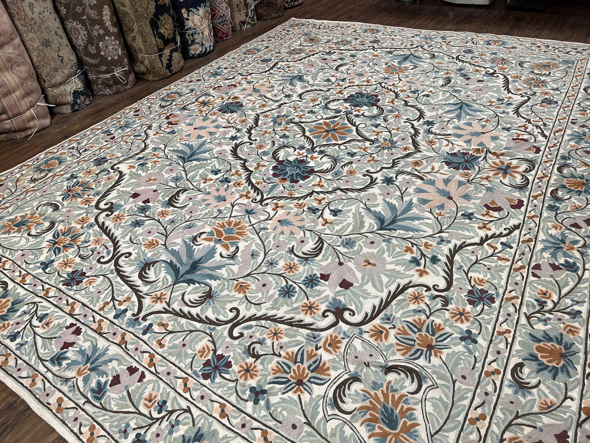 Chain Stitched Rug 9x12 Vintage Carpet 9 x 12 Flatweave Rug, Ivory Teal Rug, Area Rug 9 by 12, Hand Stitched Rug, Medallion, Indian Rug - Jewel Rugs, view 3