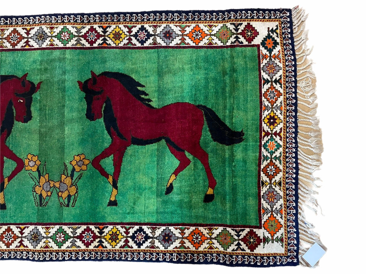 4 X 7 Handmade Rug Zagros Quality Wool Pictorial Horses Green Butterfly Colorful - Jewel Rugs, view 7