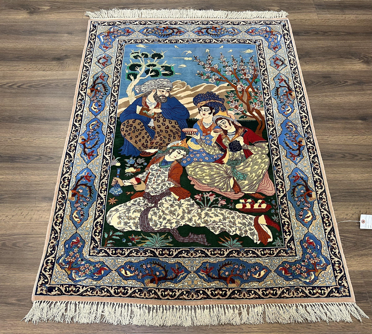Fine Persian Isfahan Pictorial Rug 3.7 x 5, Kork Wool on Silk Foundation, Blue Persian Carpet, Hand Knotted, Humans Birds, High KPSI, Semi Antique - Jewel Rugs, view 2