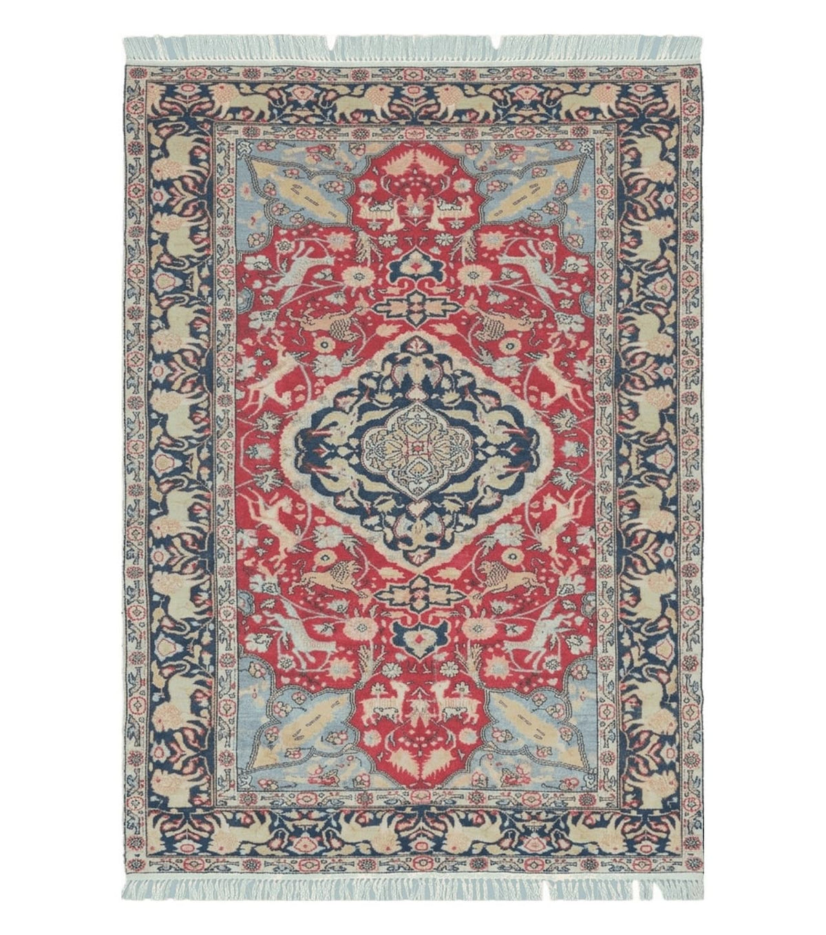 Antique Silk Turkish Kayseri Rug 4.5 x 6.7, Animal Pictorials Lions Deer Floral Medallion, Red Light Blue Navy, Hand Knotted Oriental Carpet - Jewel Rugs