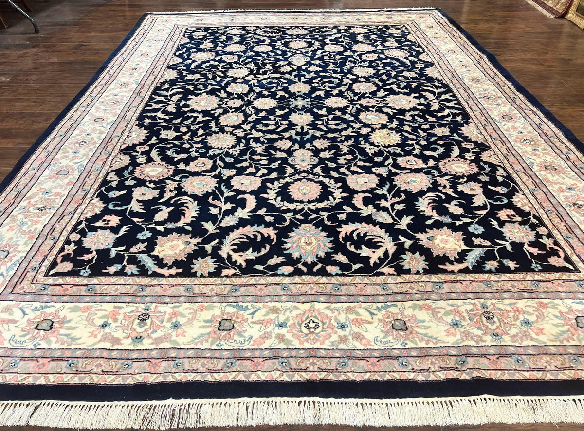 Indo Persian Rug 9x12, Navy Blue and Ivory/Cream, Floral Allover, Wool Vintage Handmade Carpet - Jewel Rugs, view 2