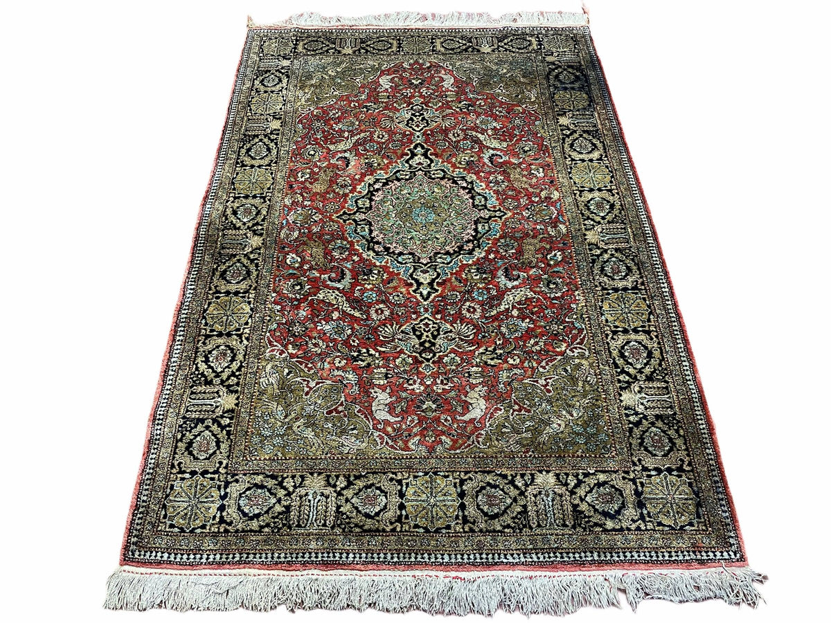 Persian Qum Silk Rug 3.8 x 5.6, Silk on Silk, Animal Pictorials, Fine 330 KPSI - Jewel Rugs