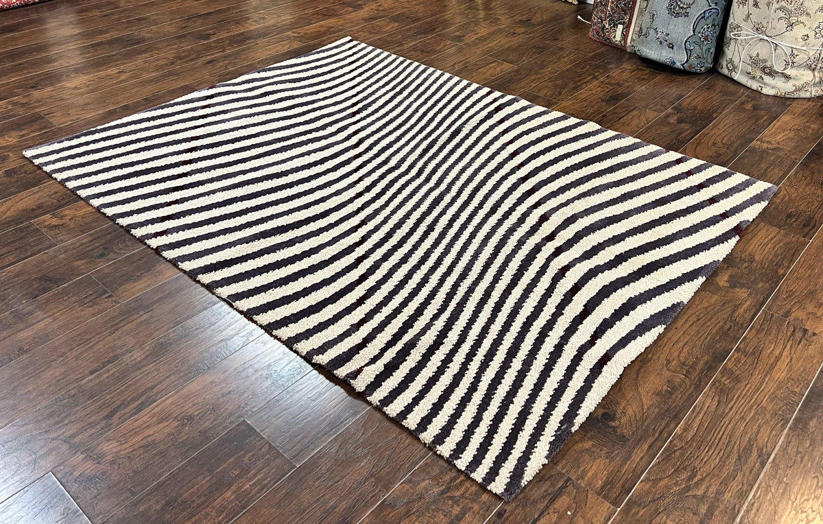 Vintage Zebra Stripes Shag Rug 5.7 x 7.4, Black and White, Retro, Wool - Jewel Rugs, view 3