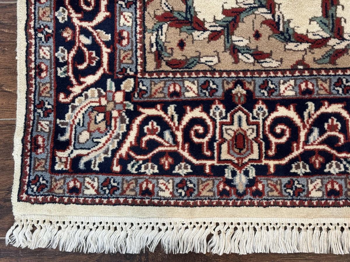 Indian Kashmiri Rug 4x6, Ivory Beige Navy Blue, Traditional Indo Persian Rug - Jewel Rugs, view 9