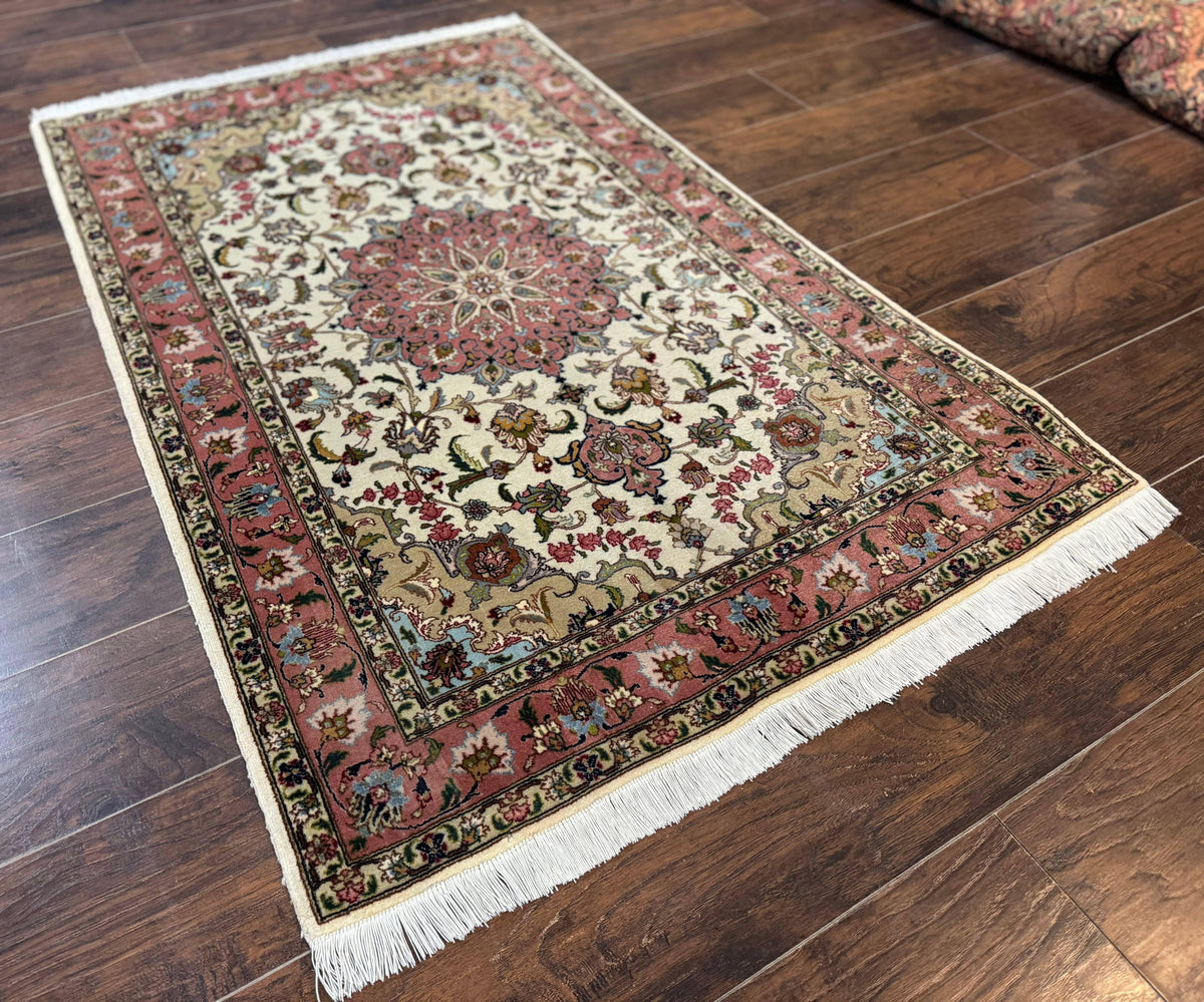 Fine Persian Tabriz Rug 3x5, Floral Medallion, 340 KPSI, Ivory Salmon - Jewel Rugs, view 3