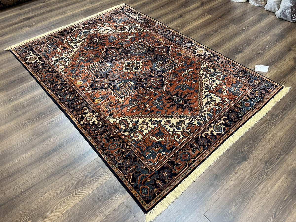 Heriz Rug 5.6 x 8, Geometric Medallion, Wool Oriental Carpet, Tribal Boho Rug, Red Navy Blue Cream, Belgium Power Loomed Rug, Medium Sized - Jewel Rugs, view 13