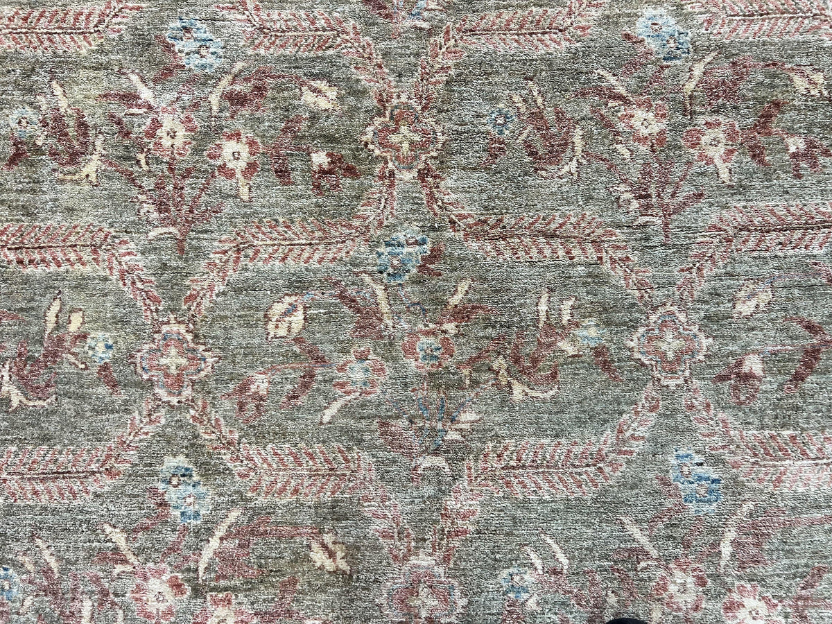 Large Modern Pakistani Rug 9x12, Handmade Wool Carpet, Peshawar Rug, Hand Knotted Oriental Rug, Contemporary, Floral, Light Green - Jewel Rugs, view 5