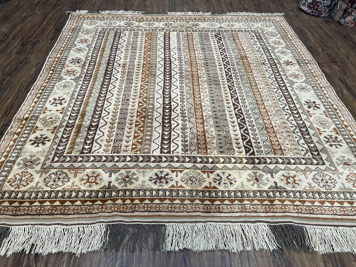 Striped Turkish Anatolian Rug 6x7 Almost Square Shaped Carpet Handmade Vintage Oriental Rug, Living Room Rug, Neutral Colors Cream, Wool Rug - Jewel Rugs, view 2