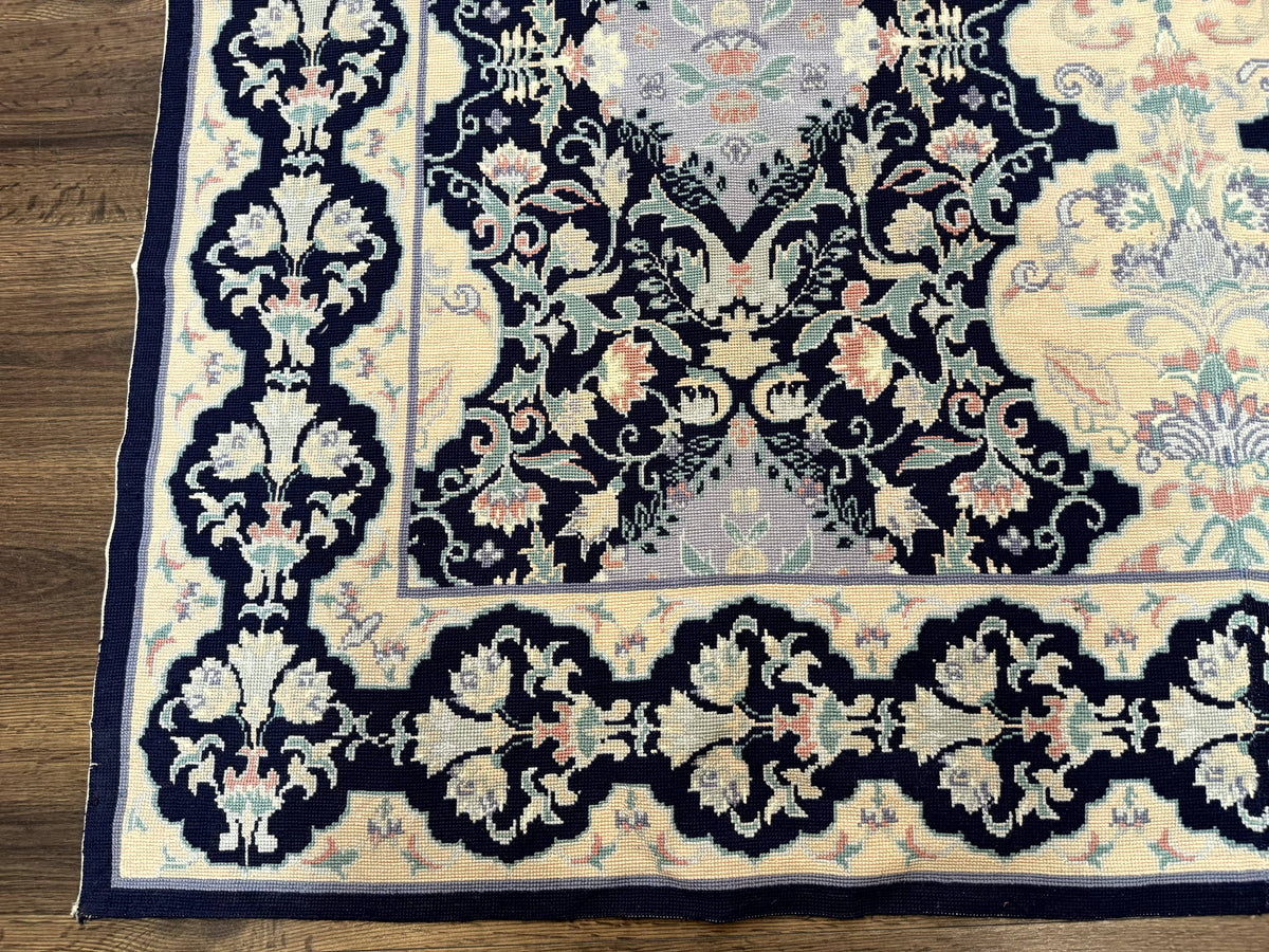 Needlepoint Rug 6x9, Ivory and Navy Blue - Jewel Rugs, view 9