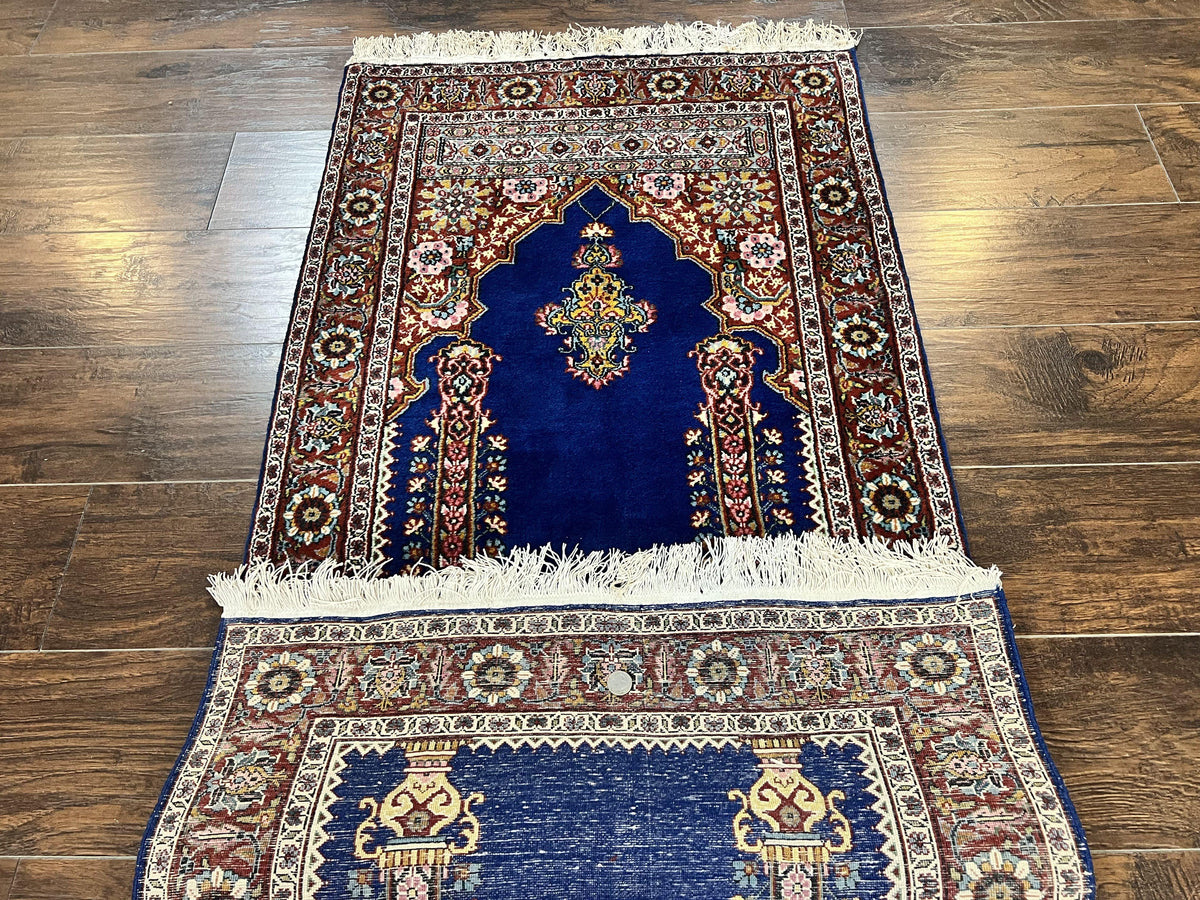 Indo Persian Prayer Rug 3x5, Fine Oriental Carpet, Dark Blue and Red, Vintage Hand Knotted Handmade Prayer Rug - Jewel Rugs, view 11