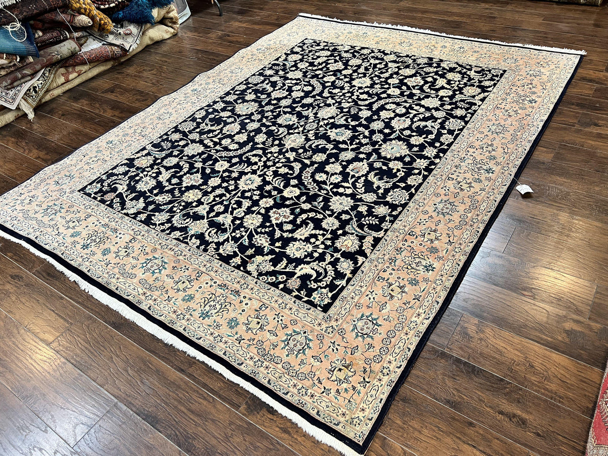 Pak Persian Rug 8x11, Fine Floral Allover Oriental Carpet 8 x 11 ft, Dark Blue and Pink, Room Sized Wool Vintage Rug, Hand Knotted Rug - Jewel Rugs, view 2