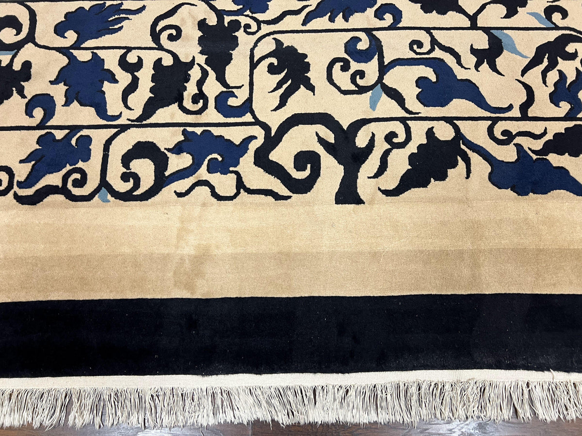 Antique Chinese Peking Rug 10x14, Beige Black, Handmade Wool Art Deco Carpet - Jewel Rugs, view 6