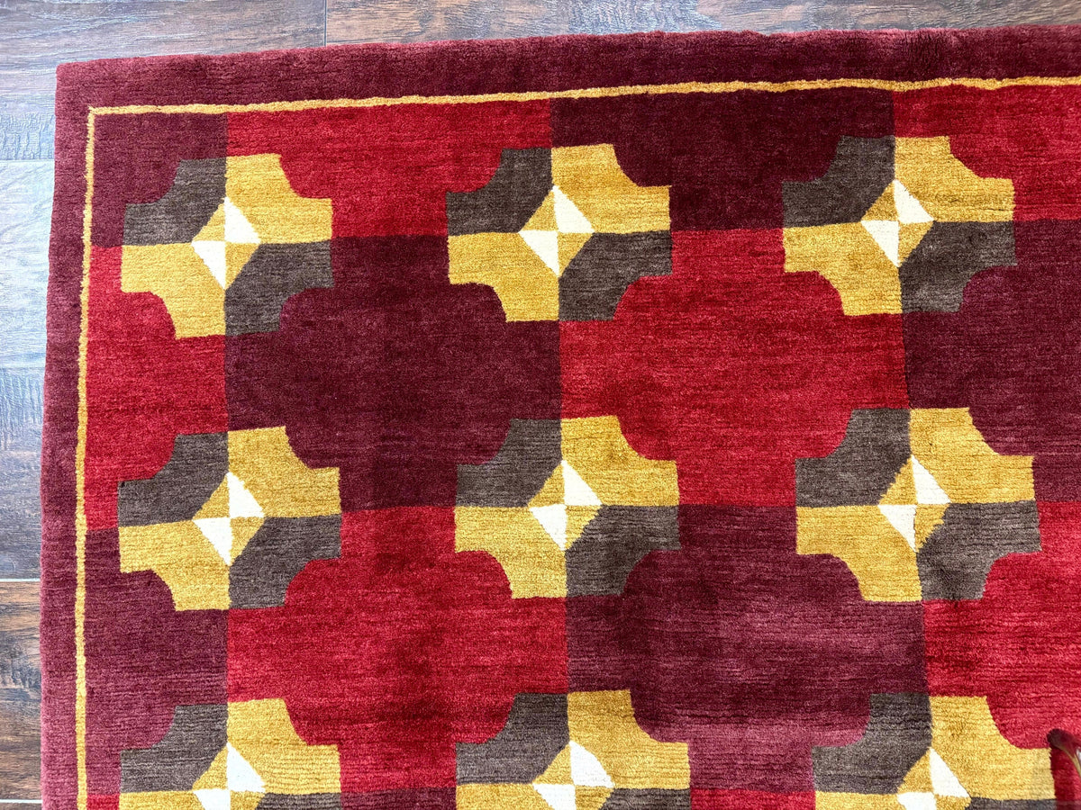 Modern Tibetan Rug 5 x 6.8, Wool, Red, Allover Pattern, Nepali Rug, Abstract Rug, Handmade Area Rug - Jewel Rugs, view 6