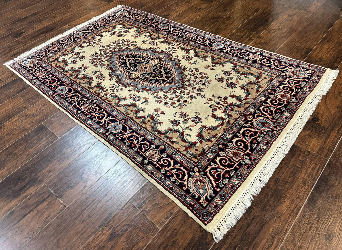Indian Kashmiri Rug 4x6, Ivory Beige Navy Blue, Traditional Indo Persian Rug - Jewel Rugs, view 13