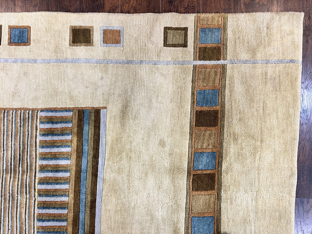 Tibetan Rug 5x8, Contemporary Rug 5 x 8 ft, Cream Brown Blue Hand-Knotted Wool w/ Silk Highlights Tibetan Carpet, Modern Rug - Jewel Rugs, view 8
