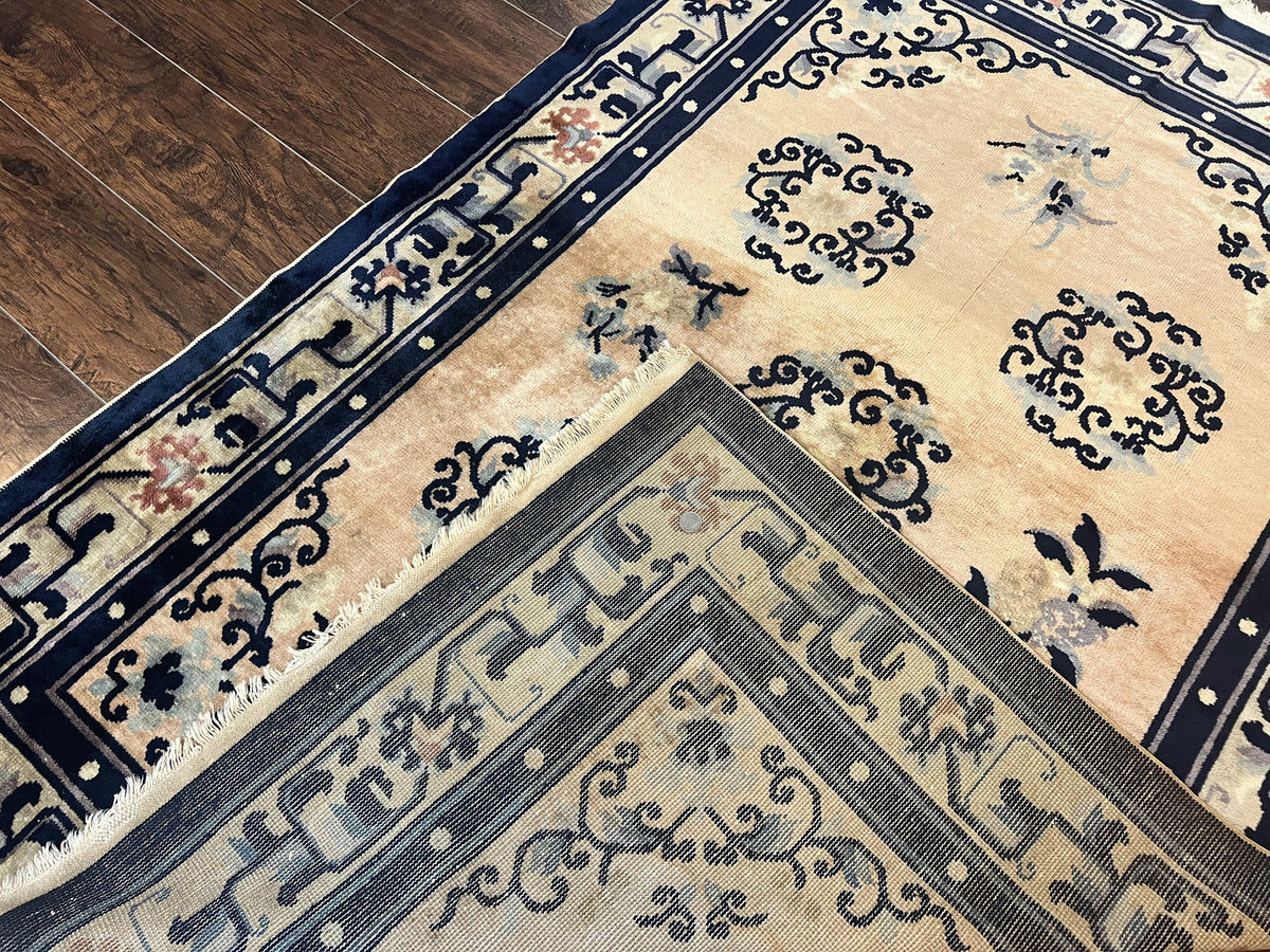 Chinese Peking Rug 4x6, Wool Hand Knotted Handmade Vintage Semi Antique Carpet, Semi Open Field, Light Peach & Navy Blue, Art Deco Rug - Jewel Rugs, view 13