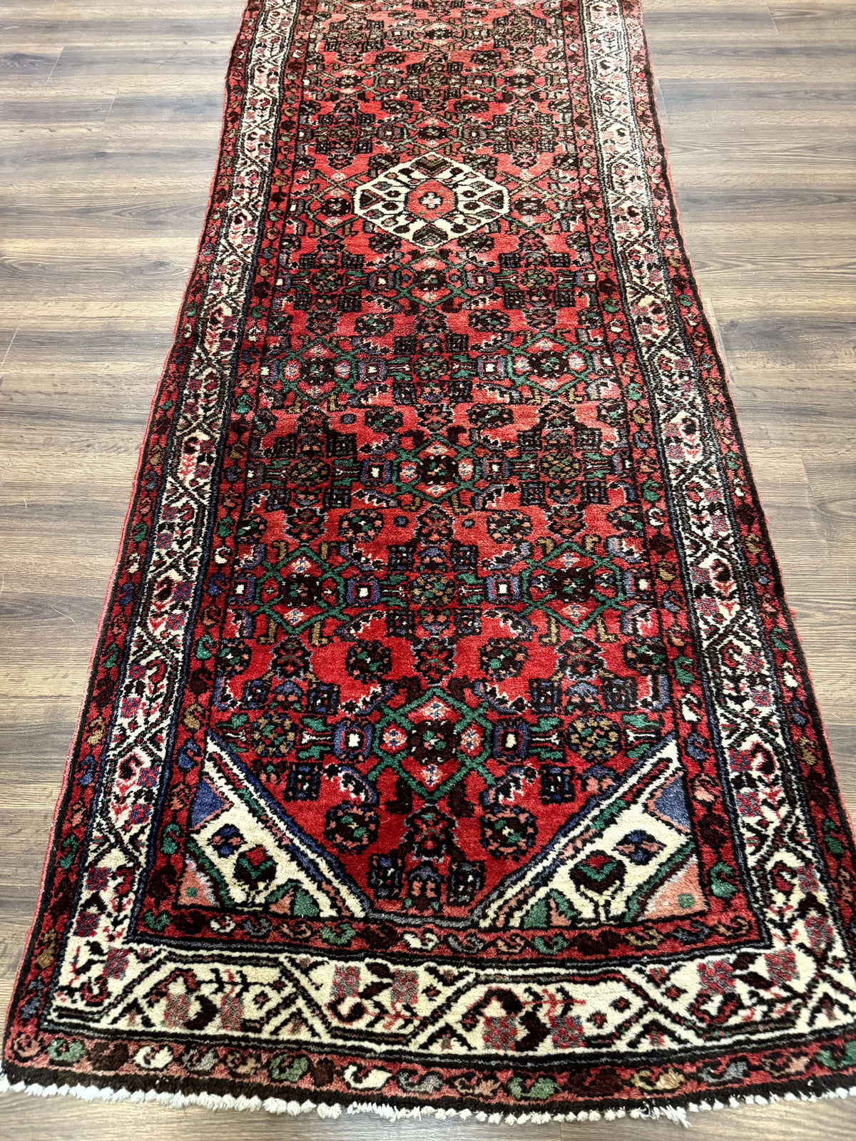 Persian Runner Rug 3x10, Wool Hand Knotted Hallway Rug 3 x 10 ft, Red and Ivory, Hamadan Angelas Runner - Jewel Rugs, view 7