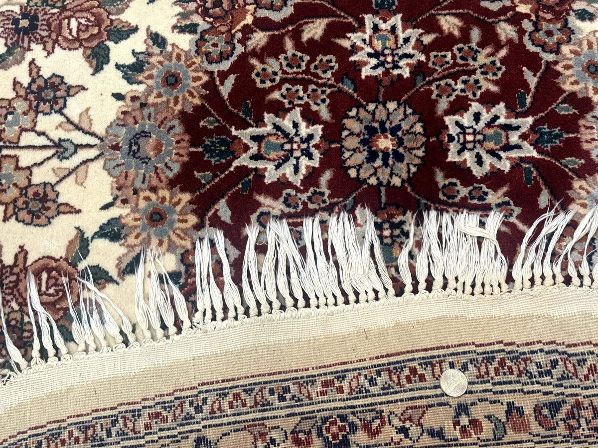 Round Sino Persian Rug 8x8, Wool and Silk, Floral Medallion, Ivory Dark Red - Jewel Rugs, view 10