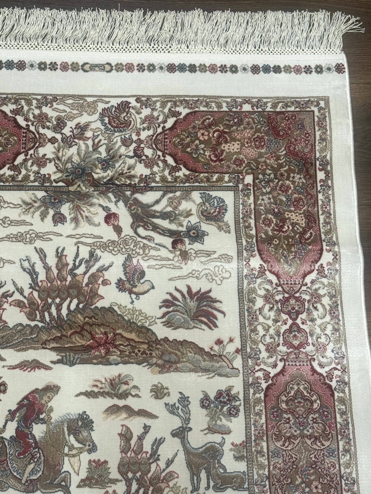 Turkish Silk Runner Rug 2.6 x 8, Hunting Design, Ivory, Bamboo Silk, New - Jewel Rugs, view 8