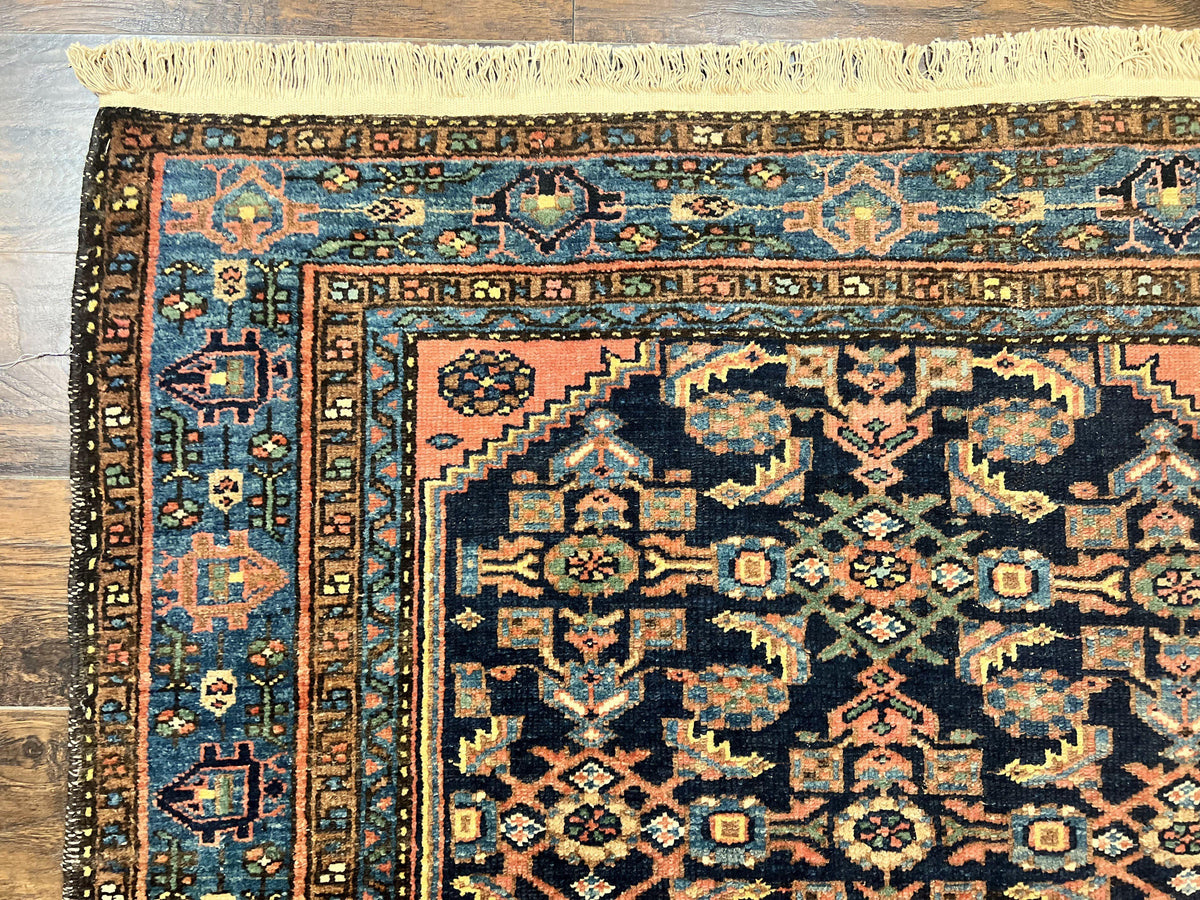 Antique Persian Tribal Rug 5x7, Navy Blue & Pink, Hand Knotted Handmade 1920s Wool Rug, Allover Pattern, Persian Hamadan Rug - Jewel Rugs, view 7