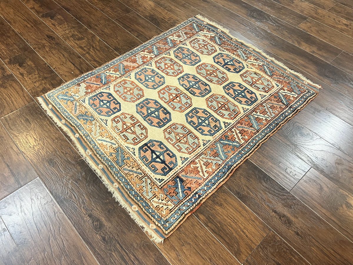 Turkish Kazak Rug 3x4, Wool Hand Knotted Handmade Vintage Carpet, Geometric Tribal Repeated Motif, Small 3 x 4 Antique Rug, Cream Red - Jewel Rugs, view 13