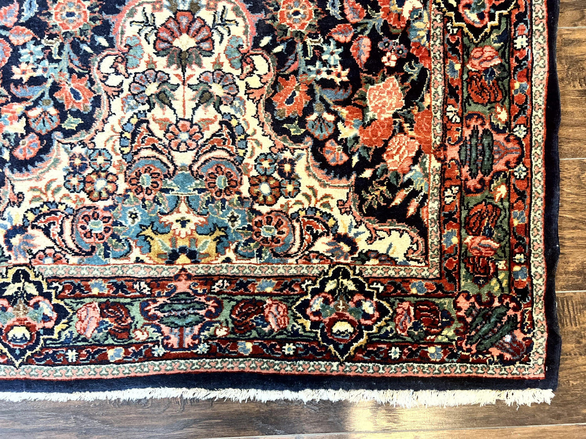 Persian Saoruk Rug 4x5, Navy Blue and Red, Floral, Antique Persian Wool Carpet, Handmade - Jewel Rugs, view 10