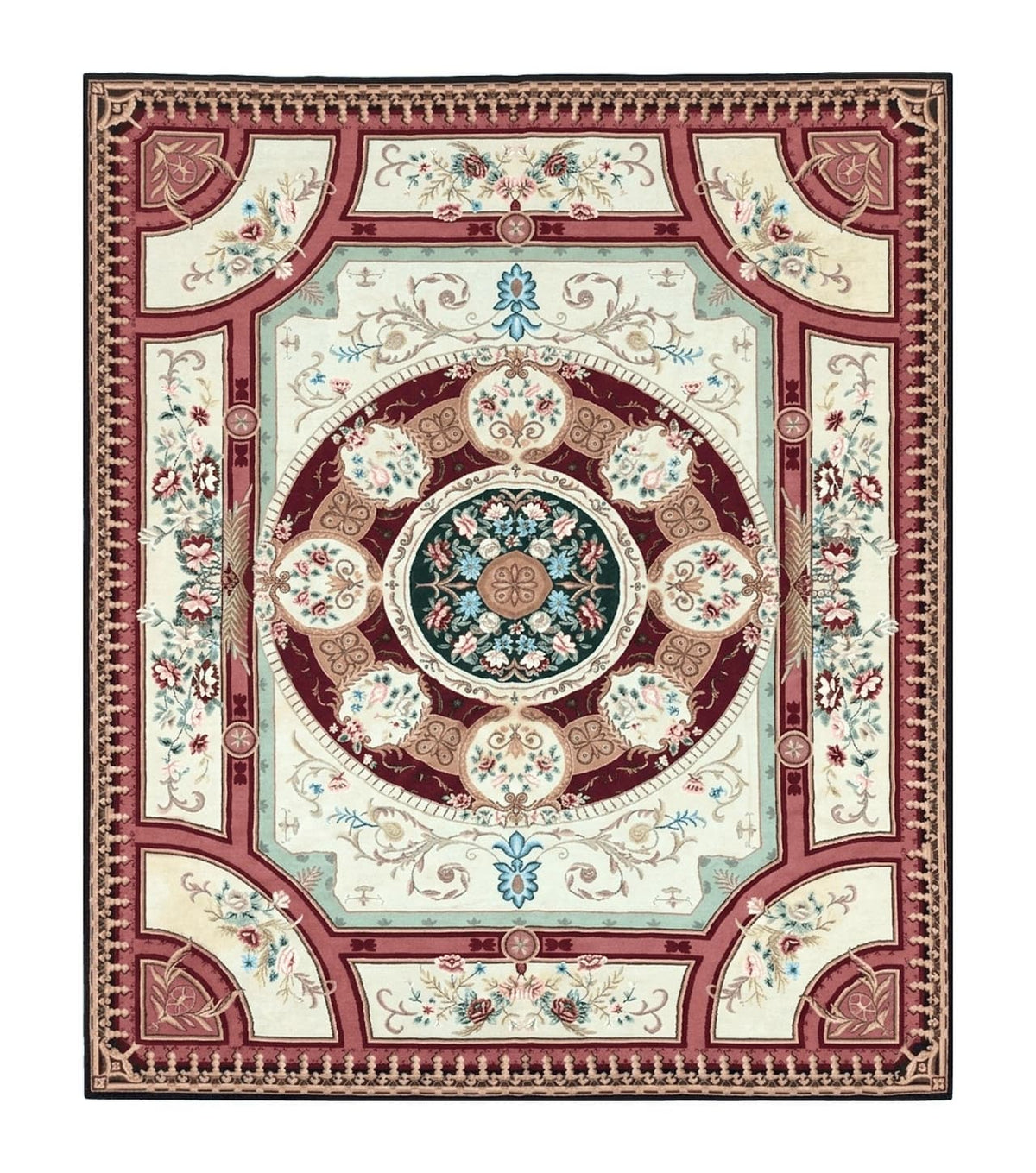 Needlepoint Rug 7.9 x 9, Beige Maroon Rose, Handmade Handwoven Flatweave Aubusson Savonnerie French European Elegant Carpet, Wool Rug - Jewel Rugs