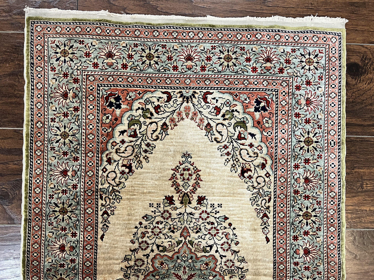 Silk Turkish Kayseri Rug 2x3, Very Finely Hand Knotted, Semi Open Field, Vintage, Silk Pile on Silk Foundation, 300 KPSI - Jewel Rugs, view 4