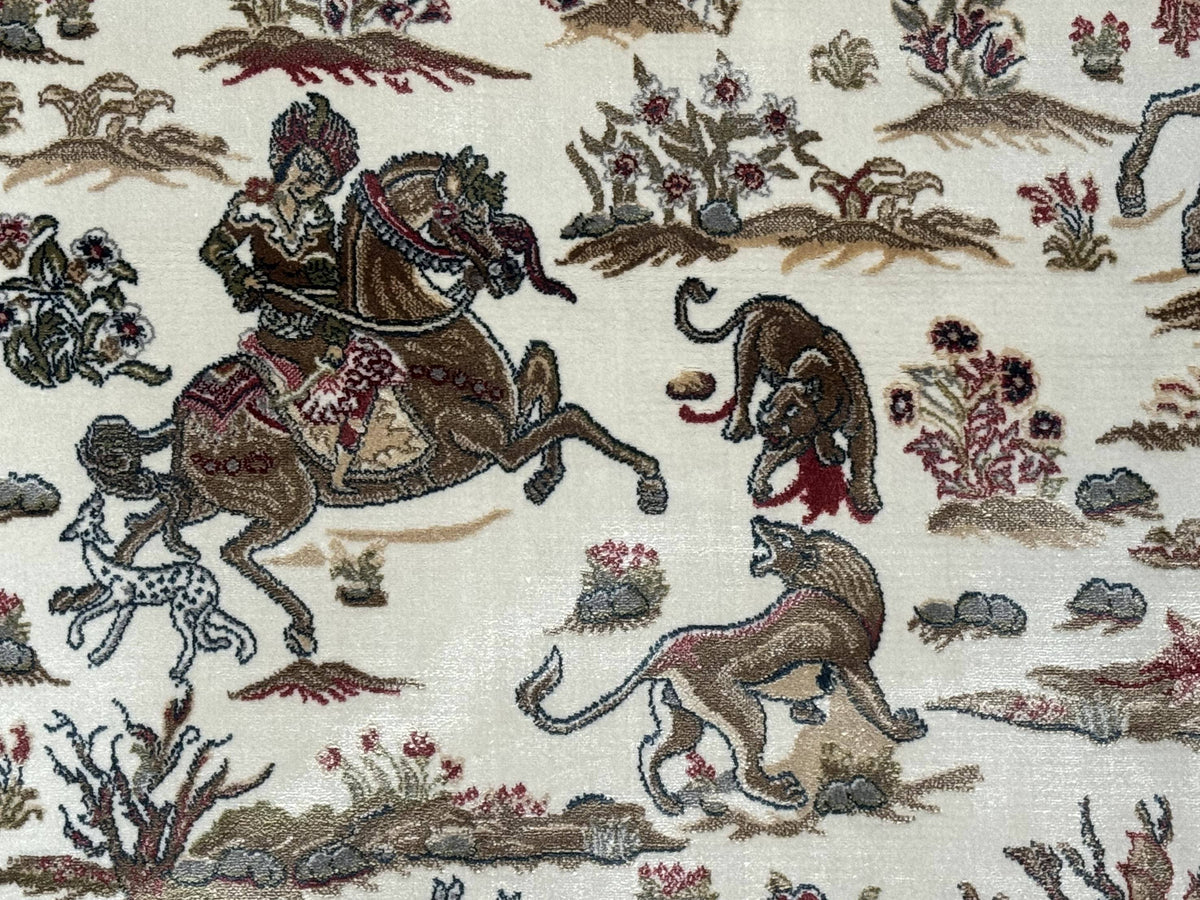 Turkish Silk Hunting Scene Rug 4x6, Ivory, Bamboo Silk, New - Jewel Rugs, view 5