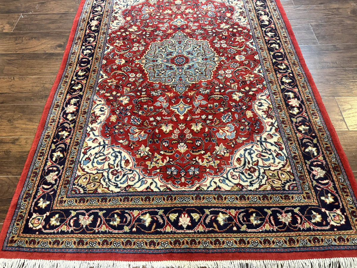 Persian Sarouk Rug 4x7, Red Navy Blue Vintage Wool Medallion Carpet - Jewel Rugs, view 6