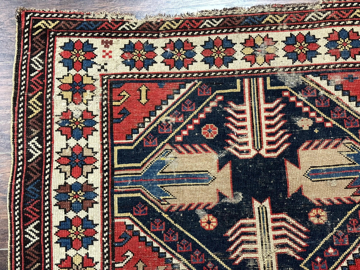 Antique Shirvan Caucasian Rug 3x5, Geometric Pattern, Red Navy Blue Beige - Jewel Rugs, view 7