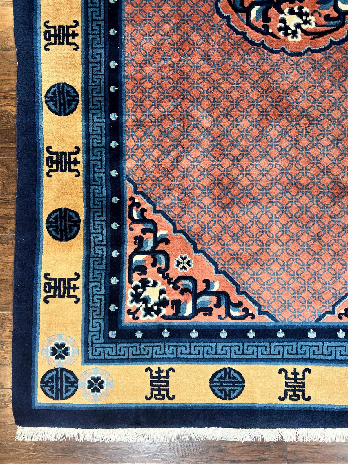 Chinese Peking Rug 5x8, Vintage Semi Antique Chinese Art Deco Carpet, Wool Pile Light Red/Salmon Gold Navy Blue, Handmade Asian Oriental Rug - Jewel Rugs, view 9