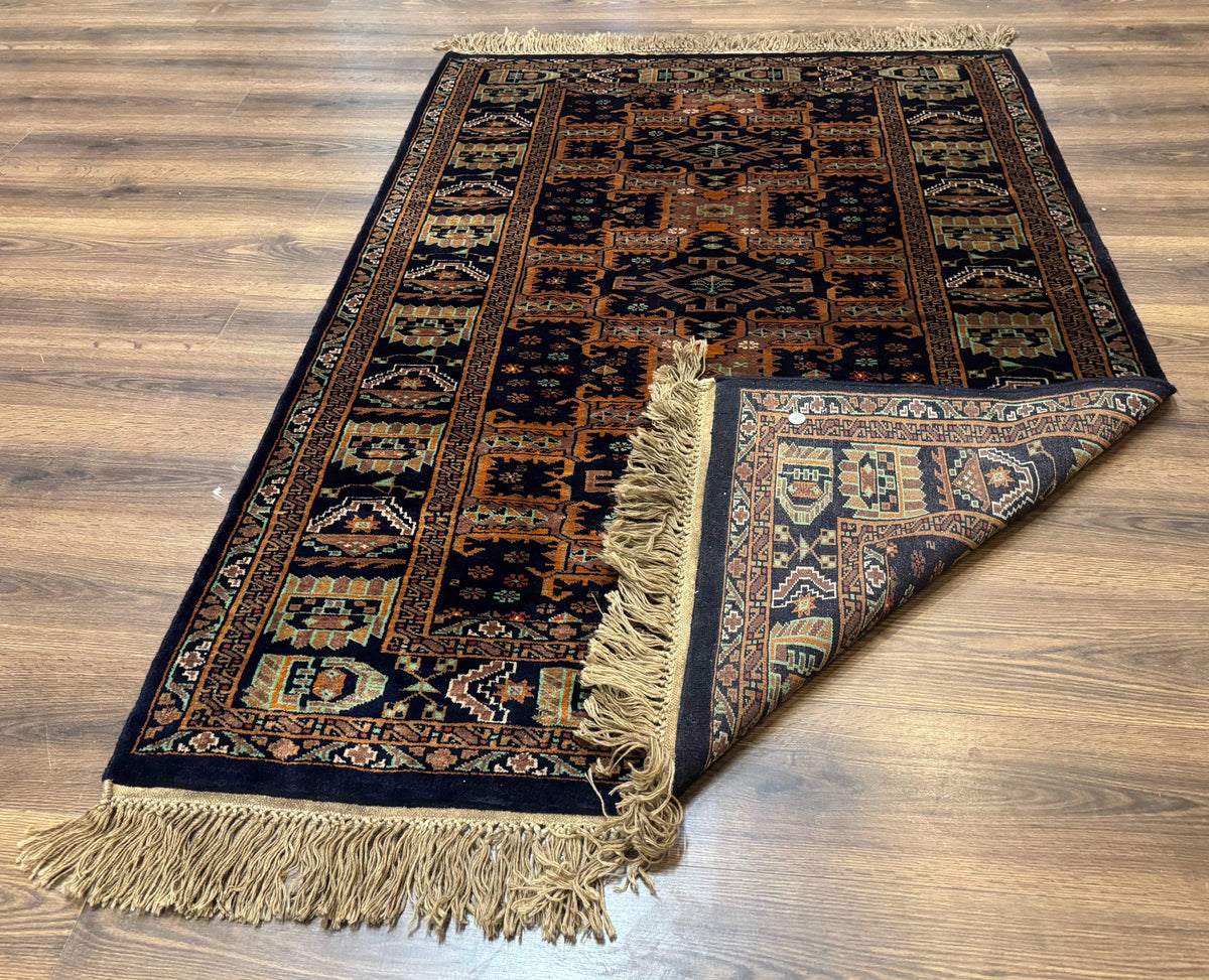 Vintage Afghan Rug 4x6, Navy Blue and Light Brown, Geometric Medallions, Wool on Wool, Tribal Rug - Jewel Rugs, view 12