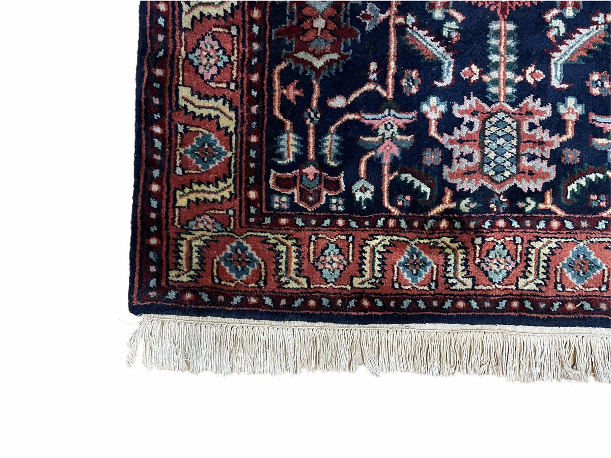 4x6 Vintage Handmade Wool Geometric Rug Organic Dyes Blue Red Hand-Knotted Rug - Jewel Rugs, view 9