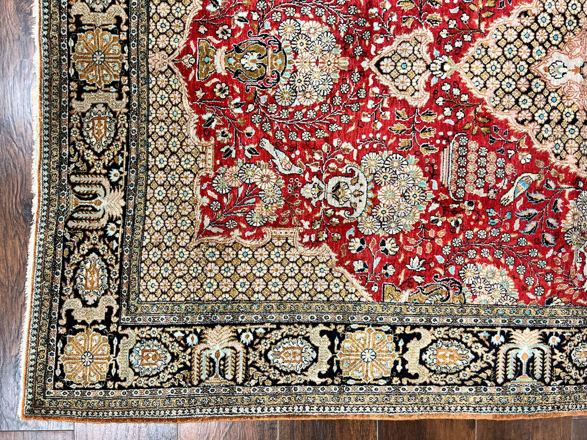 Wonderful Persian Silk Rug 5x7, Birds Floral Vases, Red, Hand Knotted Silk Fine Oriental Carpet, Handmade Vintage, Persian Qum Rug, 400 KPSI - Jewel Rugs, view 8