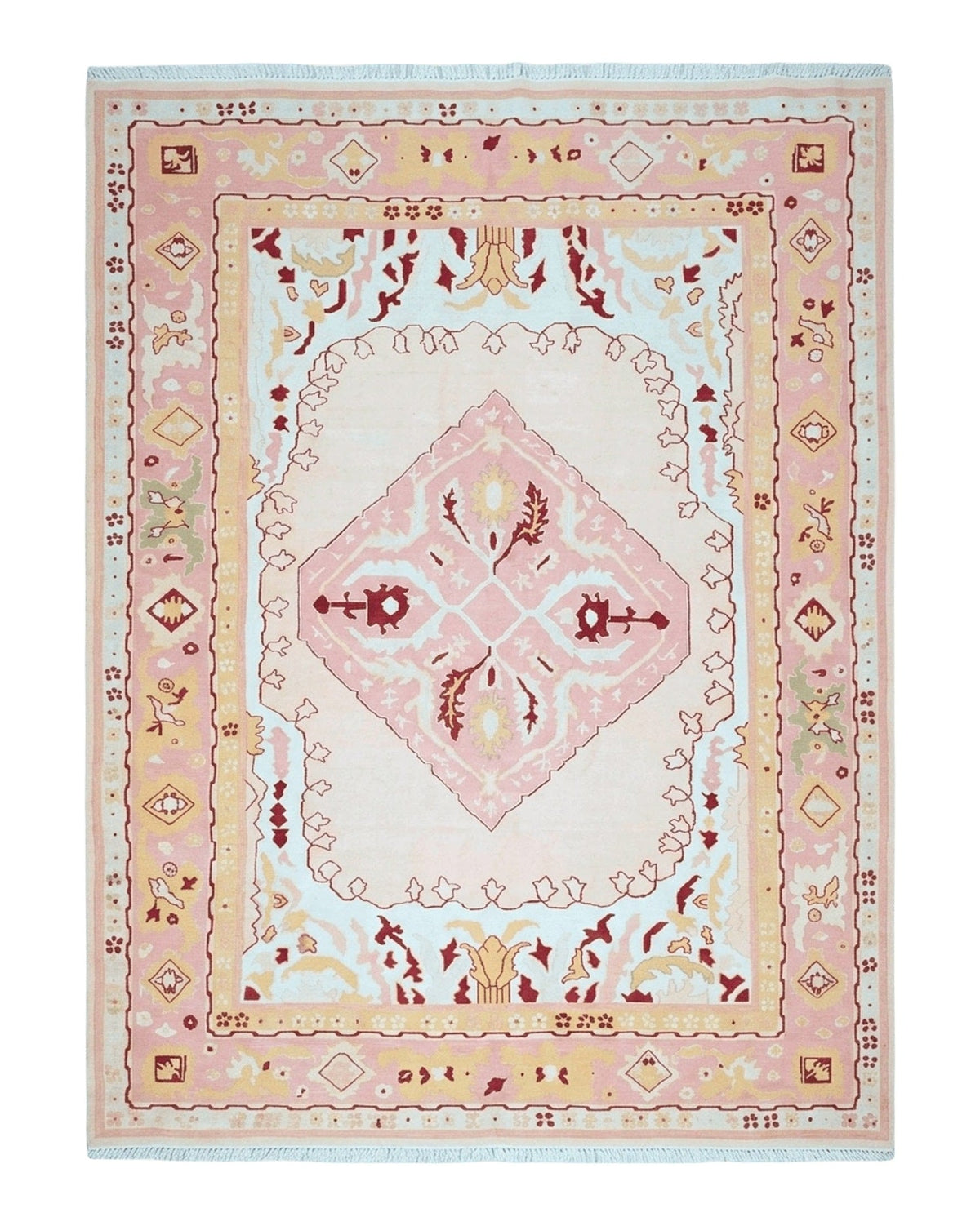 Large Turkish Kilim Carpet 10x14, Vintage Hand-Knotted Turkish Kilim Rug 10 x 14, Pink Cream Yellow Red, Decorative, Geometric, Unique - Jewel Rugs