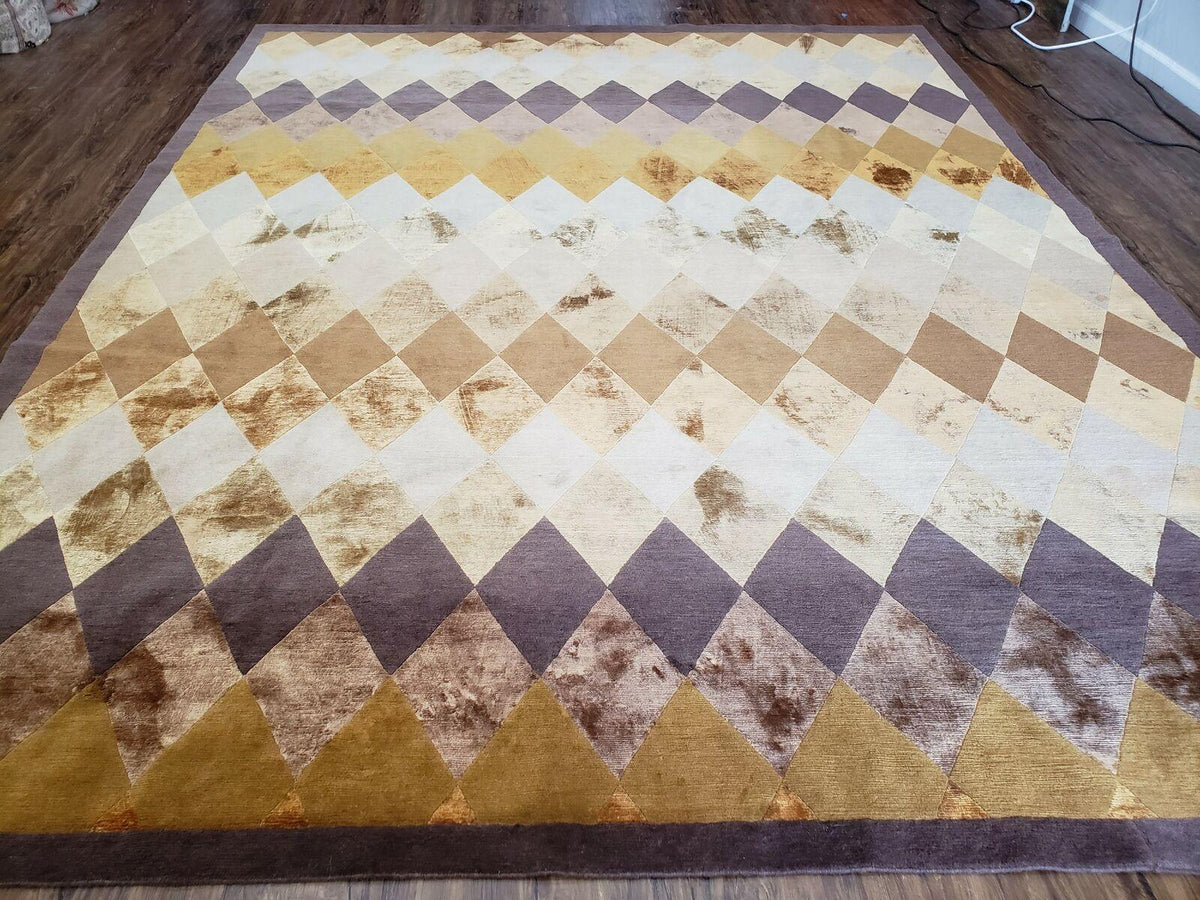 Modern Tibetan Rug 8.6 x 11, Wool and Silk, Multicolor, Diamond Panel Design - Jewel Rugs