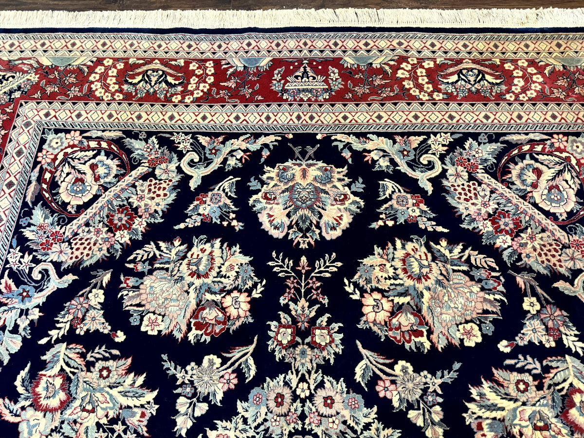 Sino Persian Rug 8x10, Floral Kirman Carpet, Navy Blue and Red, Floral Vases, Handmade Vintage Wool Carpet, 320 KPSI - Jewel Rugs, view 4