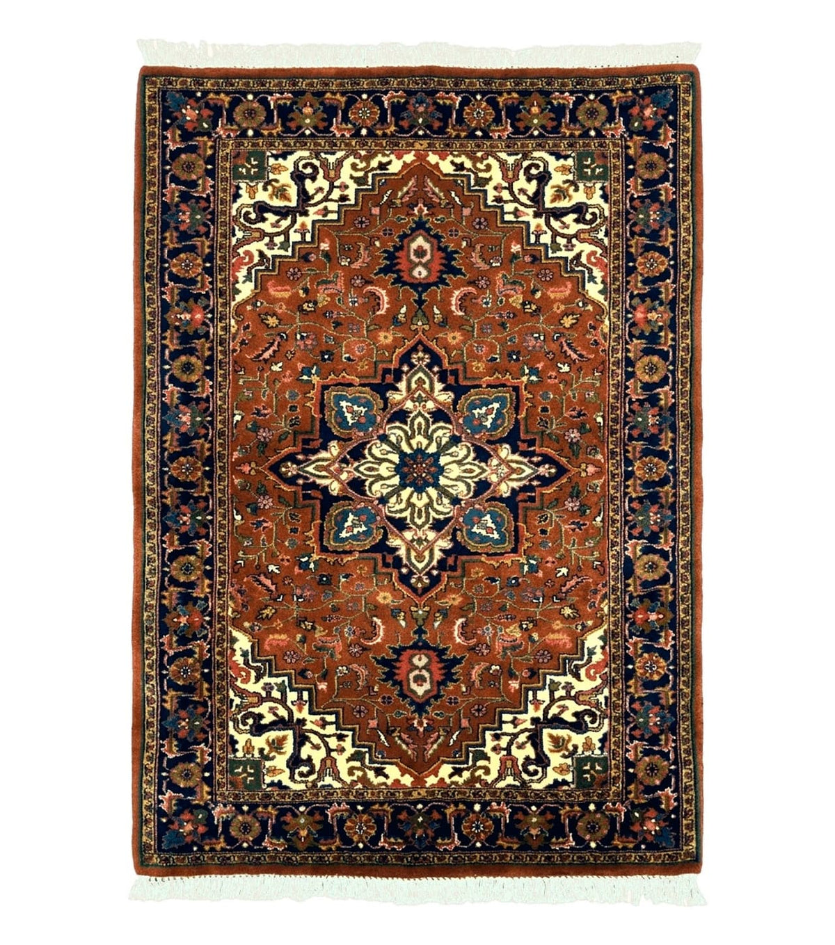 Indo Persian Heriz Rug 4x6, Rust Red Navy Blue and Cream - Jewel Rugs