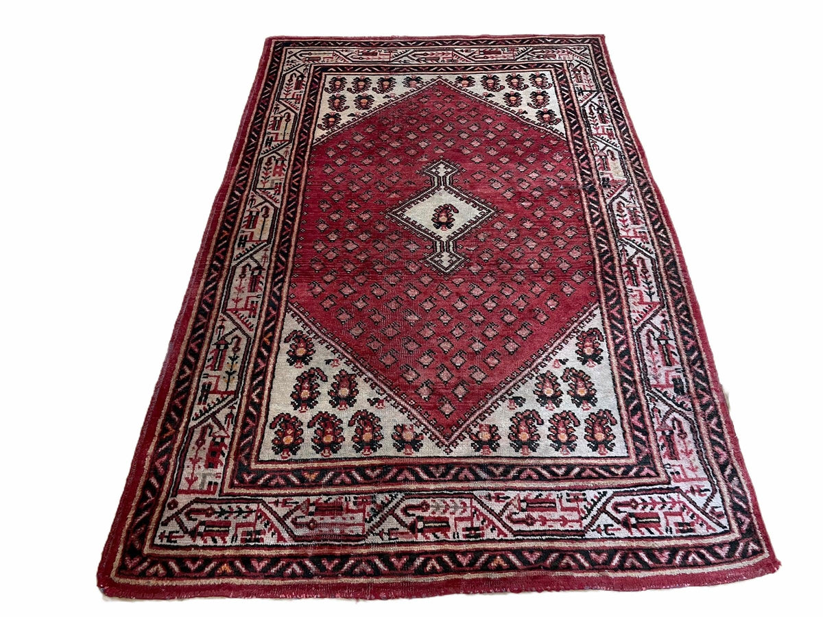4 X 6.5 Antique Handmade Wool Rug Paisley Boteh Design Tribal Rug Red Ivory - Jewel Rugs, view 2