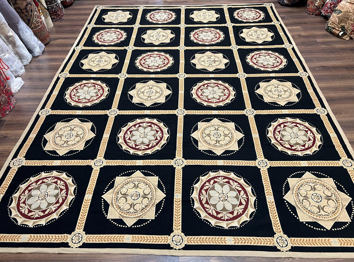 Large Needlepoint Rug 10x13, Panel Design, Black and Beige, Wool Needlepoint Carpet 10 x 13, English Garden, Handwoven Area Rug, Living Room - Jewel Rugs, view 2