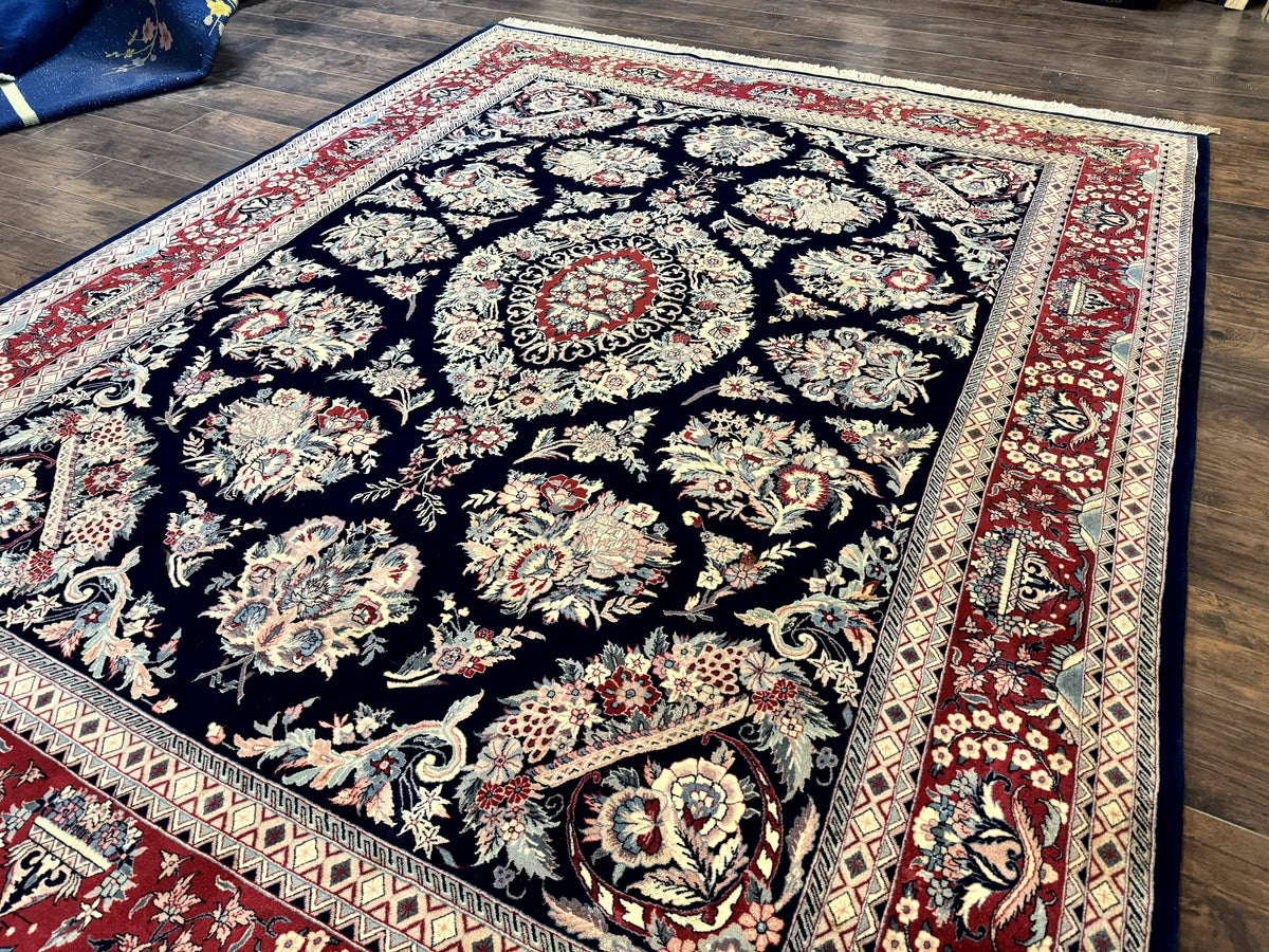 Sino Persian Rug 8x10, Floral Kirman Carpet, Navy Blue and Red, Floral Vases, Handmade Vintage Wool Carpet, 320 KPSI - Jewel Rugs, view 3