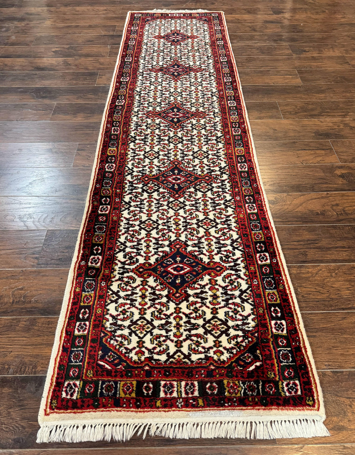 Indo Persian Bidjar Runner Rug 2.8 x 10, Vintage Rug for Hallway, 10ft Runner, Wool Handmade Ivory and Red, Medallions - Jewel Rugs, view 13